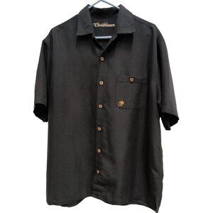 Caribbean Mens Shirt Large Black Embroidered Fish Short Sleeve Coastal Beach